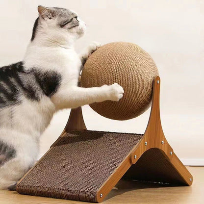 "Ultimate Cat Climbing Tower with Rotating Sisal Rope Ball - Scratch Resistant Wooden Frame for Endless Fun"
