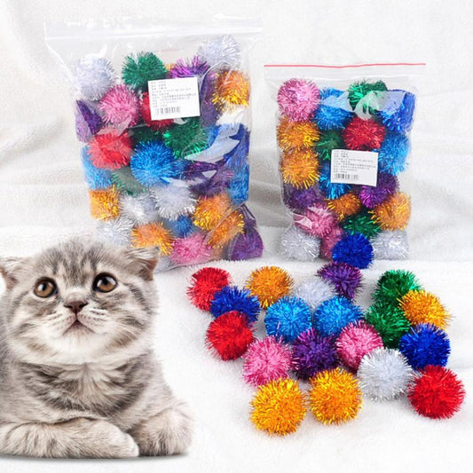 "Interactive Sparkle Pom Pom Cat Toy Set - 50 Assorted Color Tinsel, Glitter, and Crinkle Balls for Endless Fun and Entertainment! Perfect for Indoor Cats"