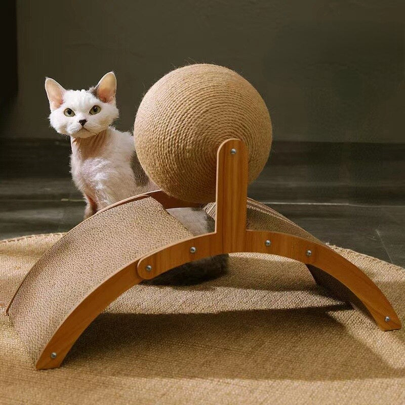 "Ultimate Cat Climbing Tower with Rotating Sisal Rope Ball - Scratch Resistant Wooden Frame for Endless Fun"